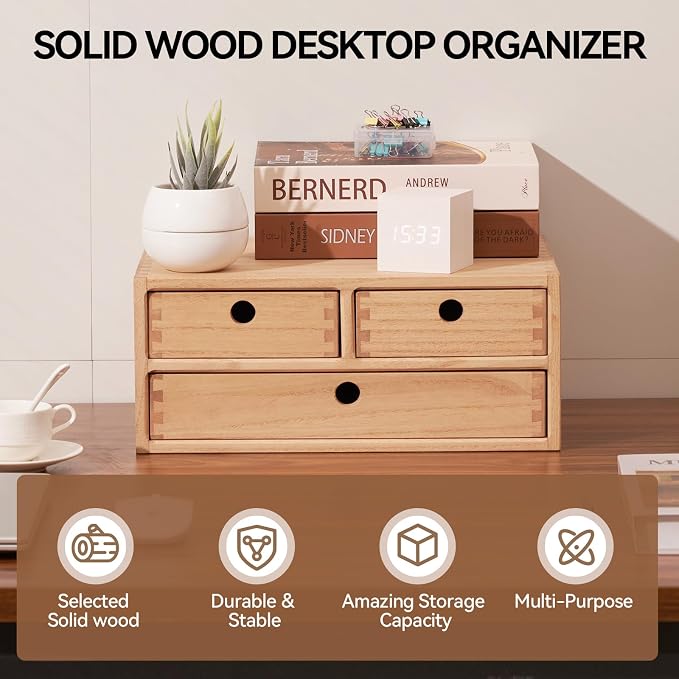 KIRIGEN Wood Desk Organizer with 3 Drawers, Desktop Storage, Natural 23-NA | Wooden Desktop Drawer Hold A4 Papers, Stationery, Jewelry, and Makeup, Fully Assembled for Home Office
