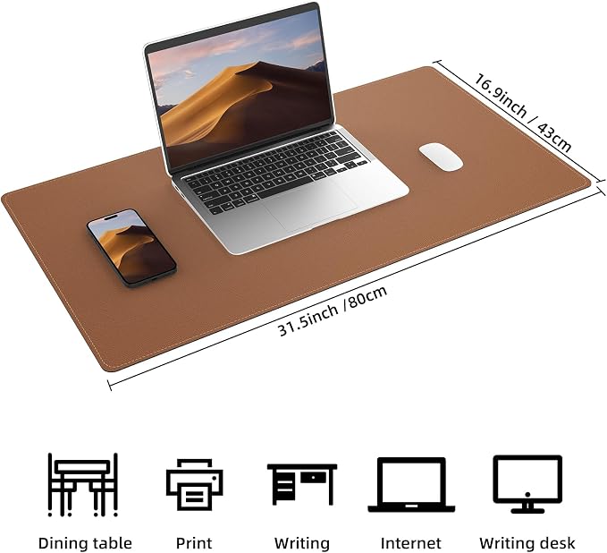 AFIING Leather Desk Mat, Brown, 31.5" x 17", Cork Desk Pad Protector | Dual-Sided Cork & PU Leather Desk Pad, Waterproof, Non-Slip for Mouse, Writing, Office, Home & Study