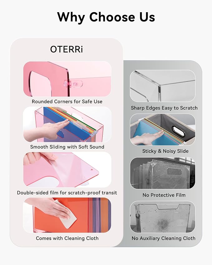 Oterri Pink Acrylic File Organizer with Handle, Desktop Box | 3mm Acrylic, Stain-Resistant, With Handle, Holds Letter Docs, Includes Hardware, Office, Home, Classroom, Countertop.