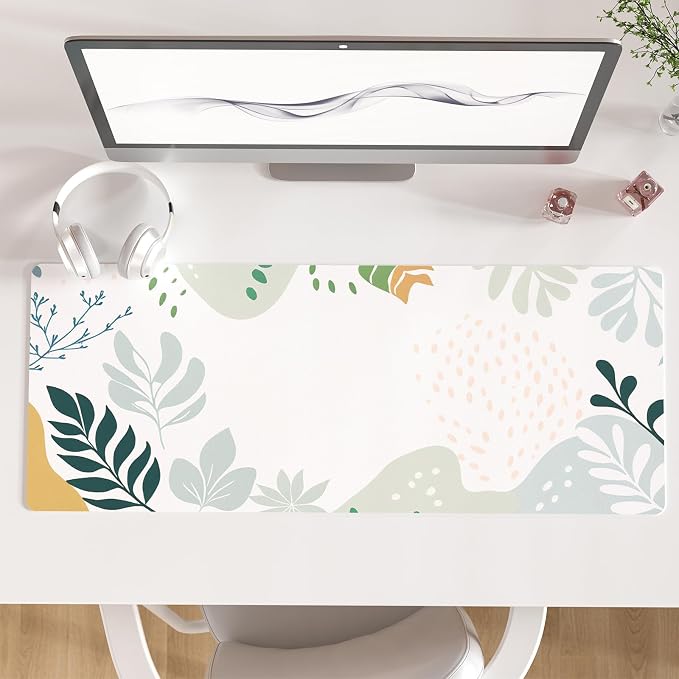 Faux Leather Large Mouse Pad, Office Desk Mat, 31.5"x11.8", Green White | Desk Décor Accessories, Extended Size, Waterproof & Easy to Clean, Smooth Surface, Non Slip Desk Organization