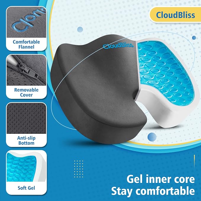 CloudBliss Gel Memory Foam Seat Cushion for Long Sitting, X-Large, Grey | Gel Chair Pad for Tailbone, Coccyx, Sciatica , Soft Suede Cover, Non-Slip , Washable Mesh, for office, home, car
