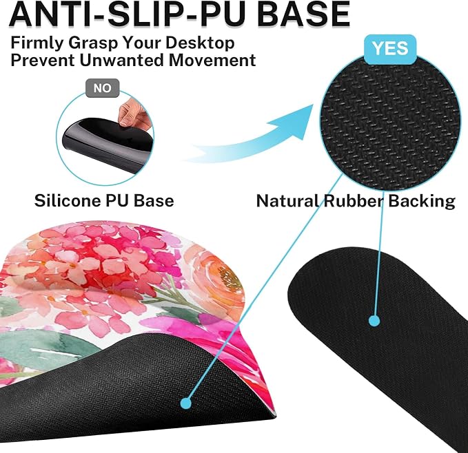 Flower Floral Pink Peony Spring Ergonomic Mouse Pad Set with Wrist Rest Non-Slip Rubber Base Wrist Cushion Support and Coasters Mousepad with Wrist Support for Computer Keyboard and Desk