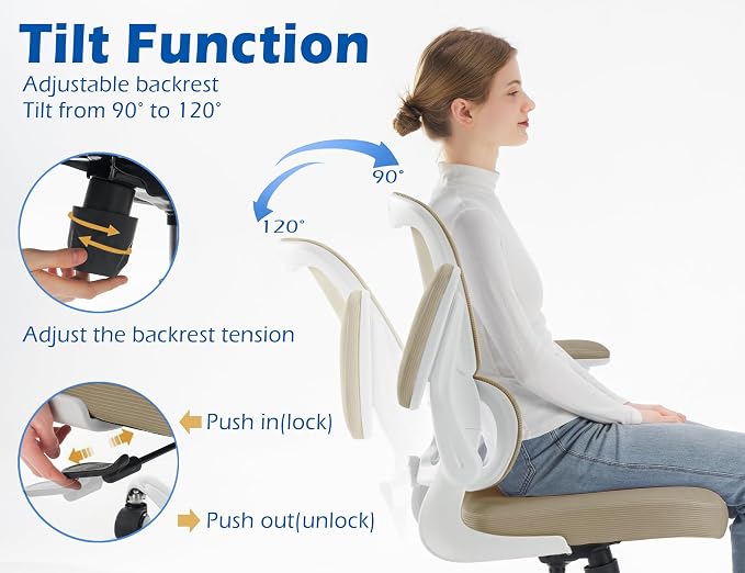 TRALT Ergonomic Office Chair - Desk Chair with Adjustable Lumbar Support Computer Chair - Mesh Comfy Chair with Flip-up Armrests - Gaming Chairs for Adults Home Office (PU Leather, Khaki)