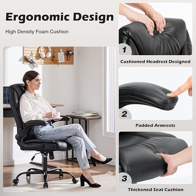 DUMOS PU Leather Office Chair - Ergonomic Executive Computer Desk Chairs with Adjustable Flip-up Armrest, Swivel Task Chair with Lumbar Support, Strong Metal Base,Inky