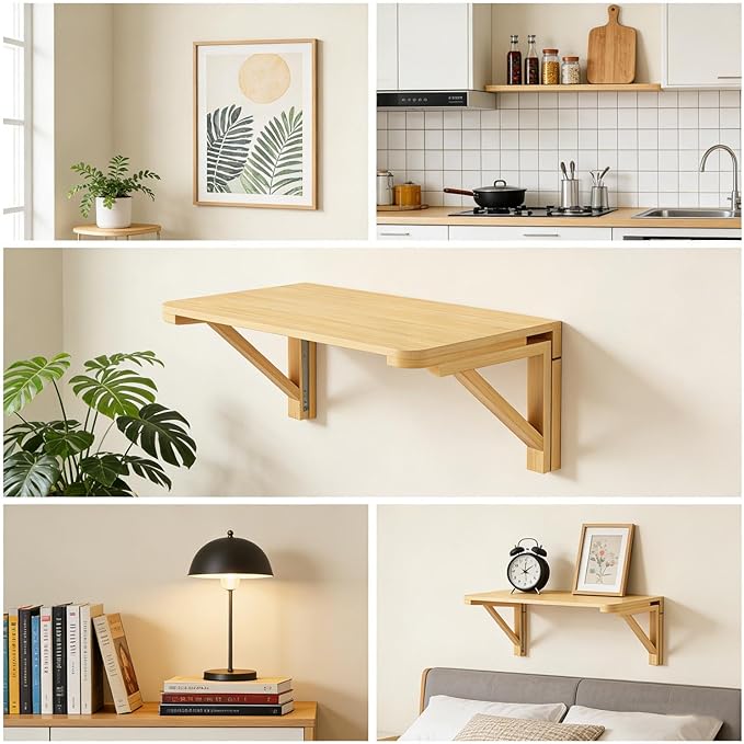 Fold-Away Wall Table , Solid Wood Folding Table, Wall mounted computer desk, study desk，Tables suitable for laundry rooms, kitchens, apartments, dormitories, or Studios (70*50cm/27.5*19.6in)