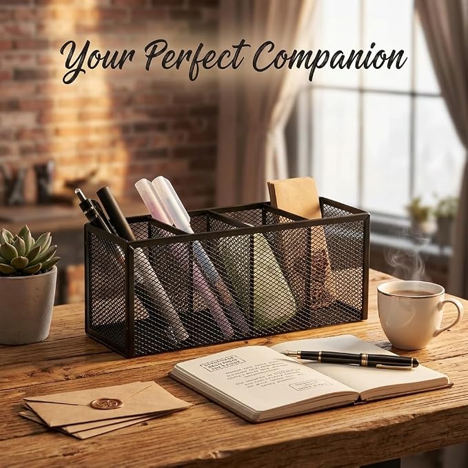 Metal Pen Holder, Pencil Holder 4 Compartments, Mesh Pen Storage Pencil Organizer Cup Makeup Brush Holder for Office Desk Accessories, Black