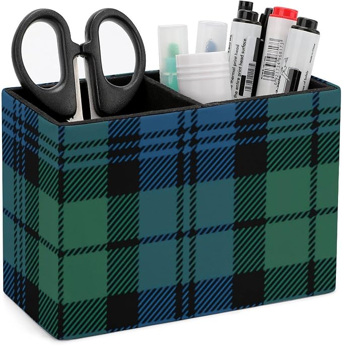 Green Blue Tartan PU Leather Pen Holder Desk Organizer, 2-Compartment Pencil Container for Office, Home, Vanity Use