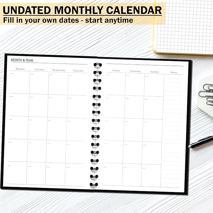 Undated Monthly and Weekly Planner - 12 Month Calendar Planner Notebook with Week Days - Hardcover Undated Planners Blank Agenda Book - A5 Abstract Blue