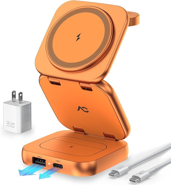 5-in-1 Wireless Charger for MagSafe, AC ISLAND Portable Travel Charging Station, 35W Max QI2 Fast Foldable Magnetic Stand, Evolved for iPhone 17-12 Series, Apple Watch, AirPods (with 35W Adapter)