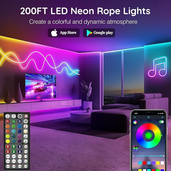 AILBTON 200Ft Neon Rope Lights,Flexible Led Rope Lights Control with App/Remote,Multiple Modes Music Sync Gaming RGB Led Neon Lights for Bedroom Outdoor