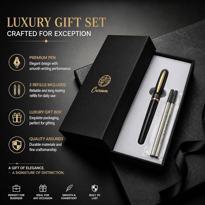 Luxury Gold Rollerball Pen, 24K gold-plated exquisite pen body, stylish and simple design, two ink refills, gift set for men and women, executive writing, office, graduation gift (Black)