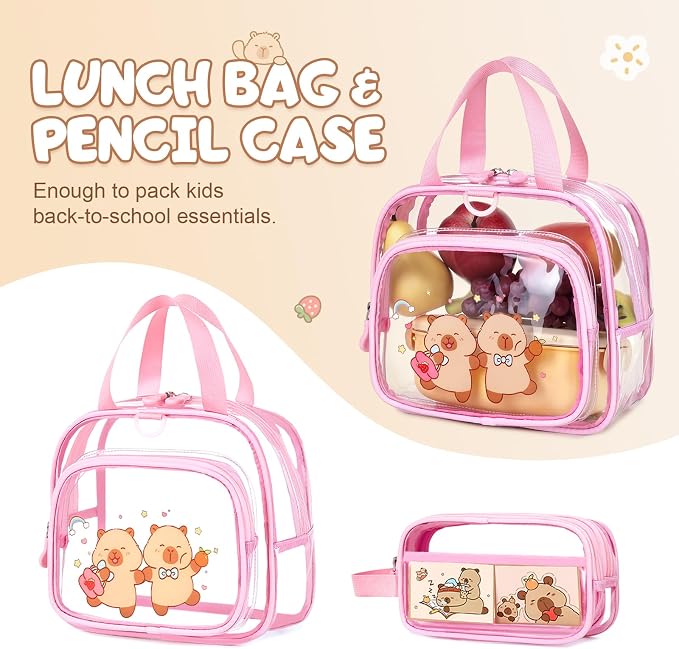 Capybara Theme Clear Backpack, 28Pcs School Supplies Stationery Transparent Backpack Set with Lunch Box Pencil Case Pens Notebooks for Kids Girls Elementary Middle School Stadium Approved