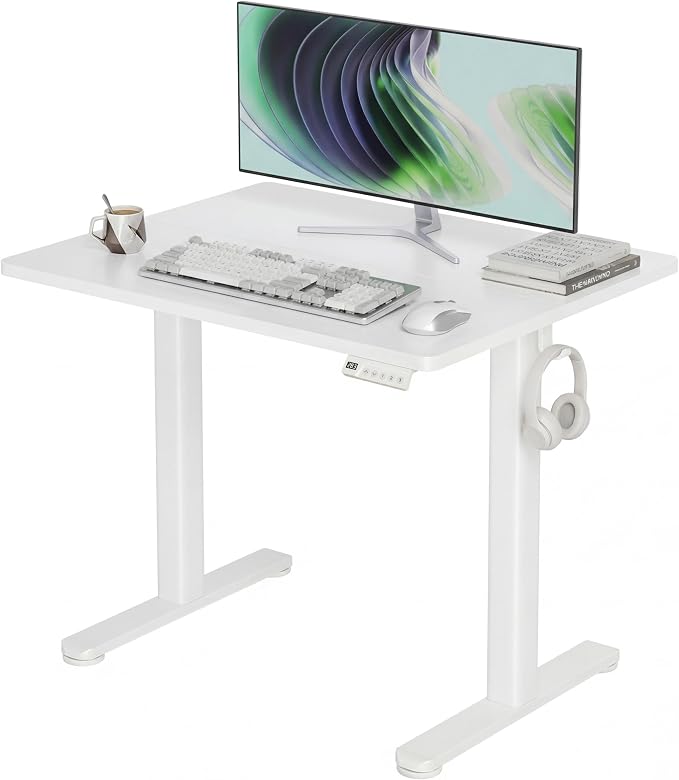 Claiks Electric Height Adjustable Stand Up Desk, 32x19 Inches Sit Stand Desk for Home Office, White Top/White Frame