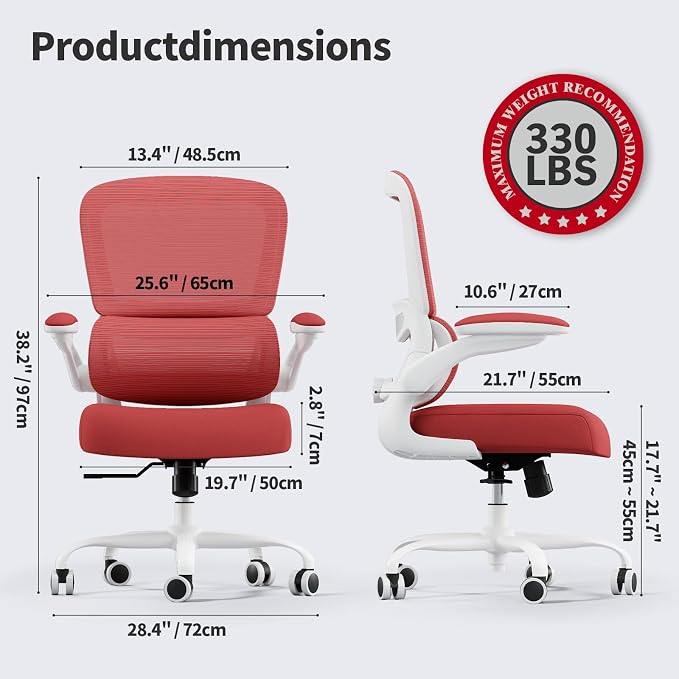 TRALT Office Chair - Ergonomic Desk Chair with Adjustable Lumbar Support, Mesh Computer Chair, Executive Chairs for Home Office Comfortable Lumbar Support (White Red)
