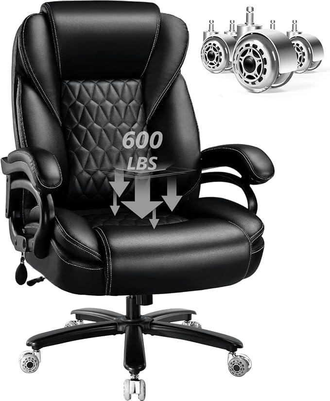 600lbs Big and Tall Office Chair with Pocket Spring Cushion, Ergonomic Heavy Duty Executive Office Desk Chair with Adjustable Lumbar Support, Large Comfy Computer Chair with Dual Rubber Wheel