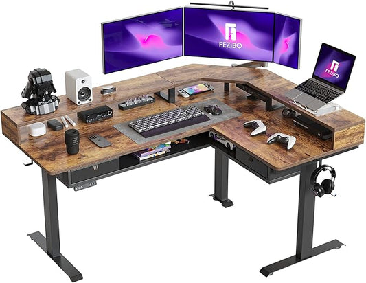 FEZIBO 63"x49" L Shaped Standing Desk with LED Strip & 2 Drawers, Upper and Lower Storage Shelves Available, Electric Height Adjustable, for Gaming, Office, Rustic Brown