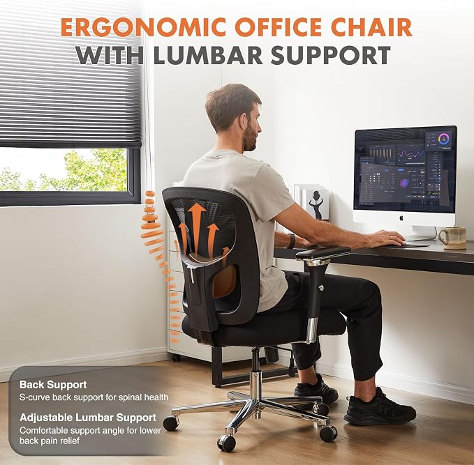 Sweetcrispy Big and Tall Office Desk Chair with Lumbar Support, 500lbs Heavy Duty Mesh Ergonomic Computer Chair with 4D Armrest and Wide Comfy Seat, Wheels for Adult, Black