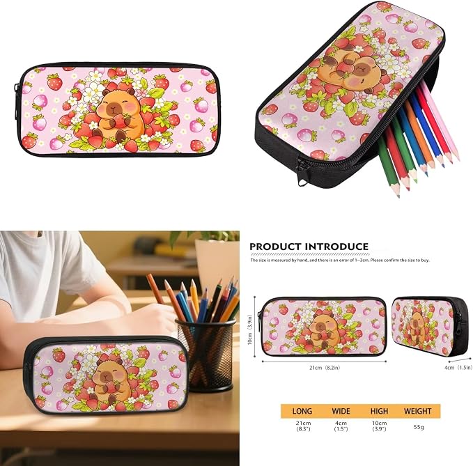 WELLFLYHOM 4 PCS Pink Strawberry Capybara Backpack Set for Girls Ages 8-12 | Multi-Scene Backpack Set With Lunch Box, Pencil Pouch and Water Bottle Sleeve, Great for School, Sports and Short Travel