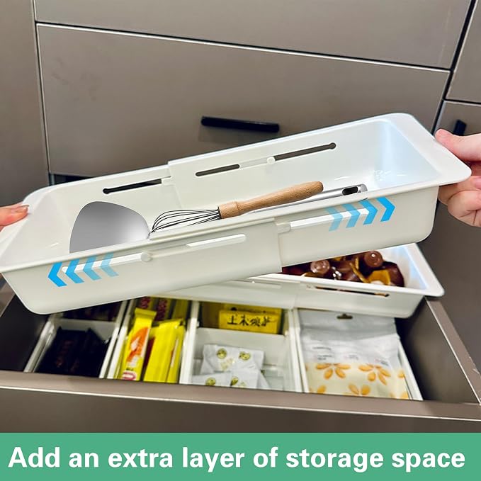 SnowTing 2 PCS Deep Drawer Organizer, 2 Sizes Expandable & Adjustable White Plastic Organizer, Sliding Drawer Storage Bins for Kitchen Utensils, Office Supplies, Cosmetics, Tools