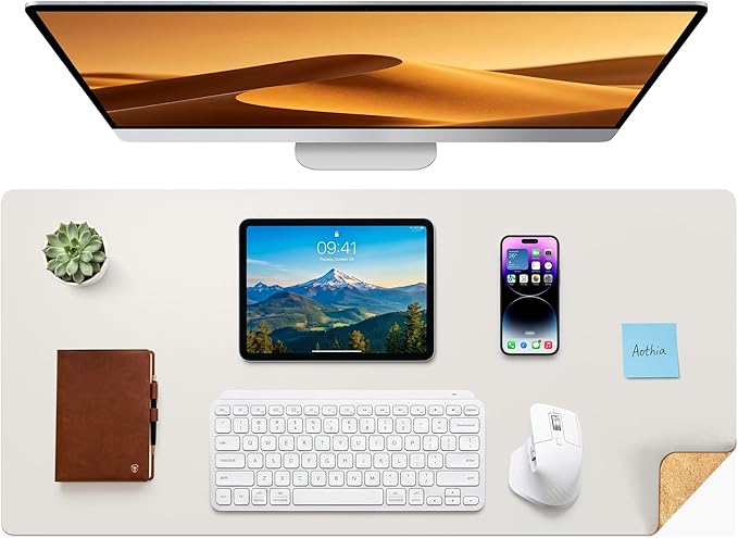 Aothia Dual-Sided Desk Pad - Leather Desk Mat, Natural Cork Desk Pad Protector, Large Mouse Pad for Desk, Waterproof Desk Blotter Pad, Desk Writing Pad for Office Work/Home, Off-White (37.8"x17")