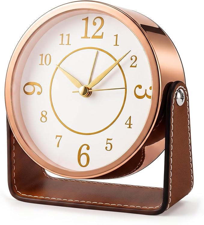 Analog Alarm Clock - 4.5" Silent Non Ticking Small Clock with Light, Rotatable Stand Metal Desk Clock Battery Operated, Simple Design for Living Room Decor/ Bedroom/Bedside/Shelf (Rose Gold & Brown)
