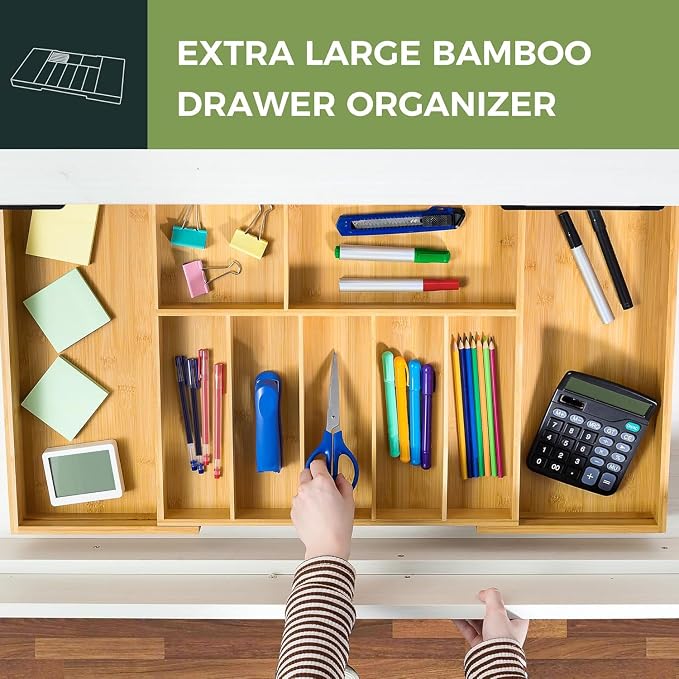 VaeFae Extra Large Kitchen Utensil Holder, Bamboo Silverware Drawer Organizer, Expandable Cutlery Organizer with Knife Block, Multifunctional Drawer Divider