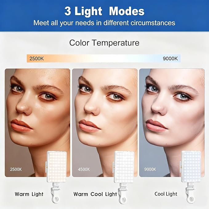 Selfie Light, Phone Light with Front & Back Clip, 60 LED Portable Light with 3 Modes, 5000mAh Rechargeable Video Light for Phone, iPhone, IPad, Laptop, TikTok, Makeup, Lighting Monolights(White)