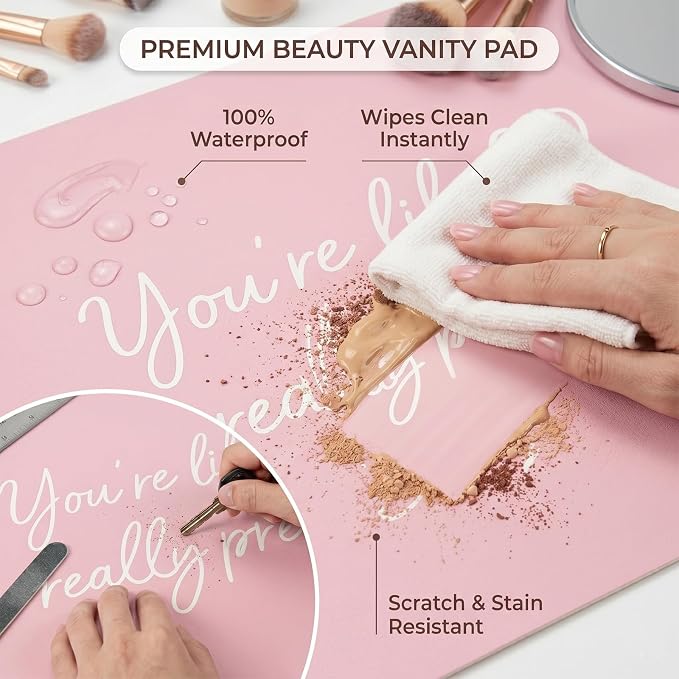 DOUDIZHU Makeup Mat for Vanity, Dual-Sided Vanity Top Protector Mat Waterproof Dressing Desk Makeup Table Cover Mat You're Like Really Pretty (Baby Pink/Silver, 23.6"x11.8")