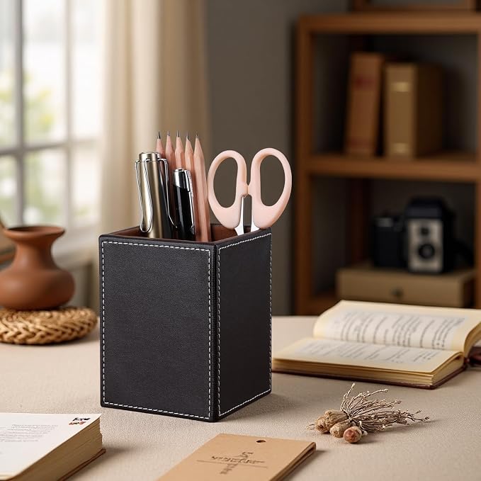 PU Leather Square Pens Pencils Holder Cup Desktop Stationery Organizer Case Office Accessories Container Box Brown
