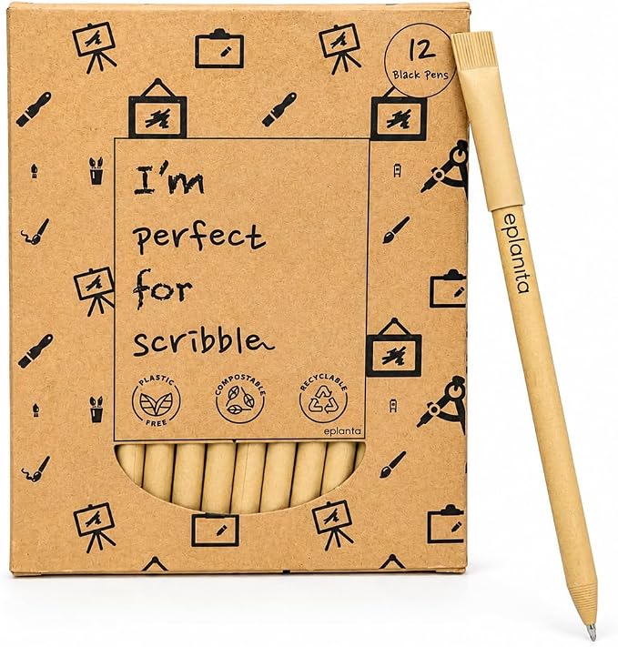 eplanita I’M PERFECT FOR SCRIBBLE – Eco Friendly Pens (Pack of 12), Black Ink Ballpoint Biros, Sustainable Stationary Supplies, For Office or School, One Tree Planted
