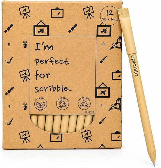 eplanita I’M PERFECT FOR SCRIBBLE – Eco Friendly Pens (Pack of 12), Black Ink Ballpoint Biros, Sustainable Stationary Supplies, For Office or School, One Tree Planted