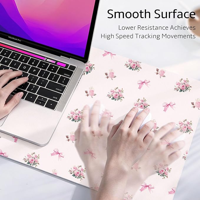 Mouse Pad Leather Desk Mat Large Keyboard Cute Office Desktop Computer Laptop XXL Long Big Aesthetic Modern Design Women Girls Gaming Gamer Oversized Wide Mousepad 31.5"x15.7", Bow Rose