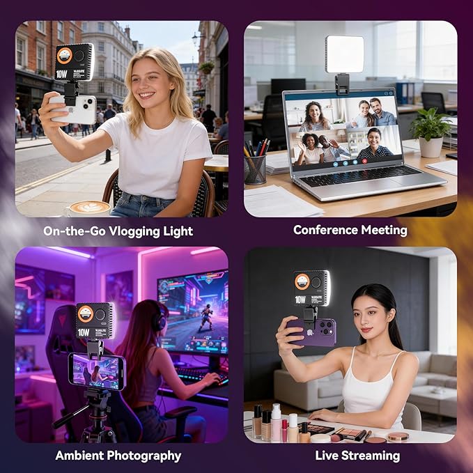 10W Portable Selfie LED Video Light - Max.3300 Lux vlogging Light, 1800K-9000K,2600mAh Rechargeable Battery,Video Conference Lighting Kit for Phone/Laptop Selfie Lights with Clip & Cold Shoe