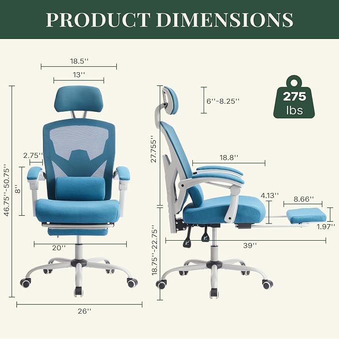 Ergonomic Office Chair with Footrest, High Back Home Desk Chair with Lumbar Support & Headrest, 90-135° Reclining Mesh Back Computer Chair with Wheels for Work, Gaming, Blue