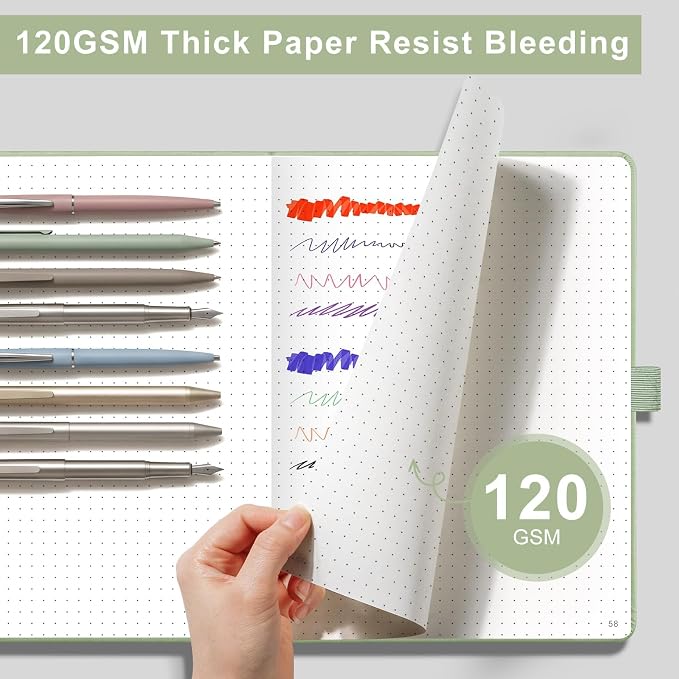AHGXG Dotted Journal Notebook, 160 Numbered Pages, A5 Medium Size (5.7'' x 8.3''), 120 GSM Thick Paper, Leather Hardcover, for Journaling, Planning, Tracking (Light Green)
