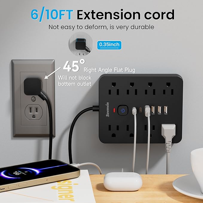 2 Pack Surge Protector Power Strip, 8 Outlets(1850W/15A/14AWG), 6 USB Charging Ports(2 USB C), 6FT Flat Plug Extension Cord Outlet Extender with Overload Protection, ETL Certified for Office.