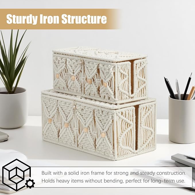 Cable Management Box Handmade Macrame Cord Storage Organizer | Power Strips Outlet Router Adapter TV Wire Hider Cover Under Desk Natural Cotton Rope Woven Basket w/ Lid, Off White, Large