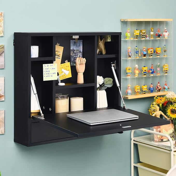 Tangkula Pneumatic Floating Desk - Wall Mounted Laptop Desk with Magnetic Foldable Tabletop, Space Saving Table with Storage Drawer and Shelves (Black)