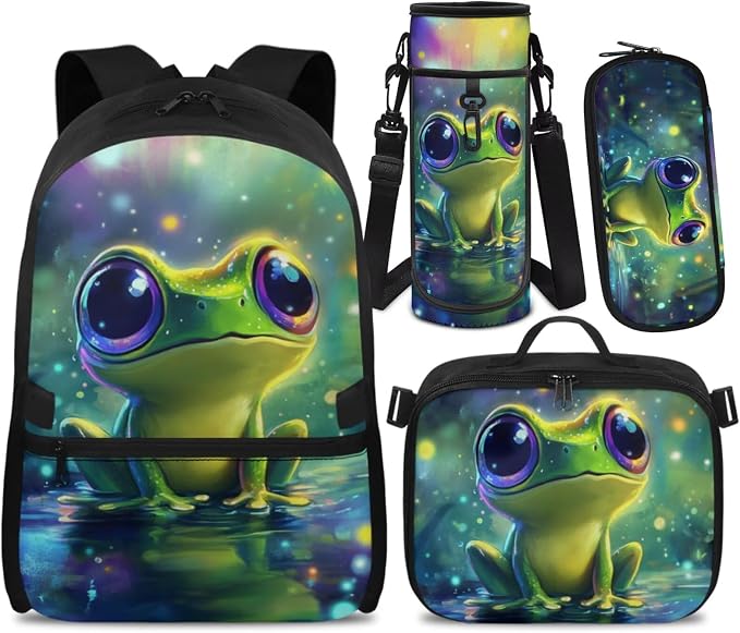 Doojoayie Bookbag and Lunch Box Set for Girls Frog Backpack for School Lightweight Kids Back Pack Cute Girls School Bag 3rd Grade Backpack for Primary Elementary Student
