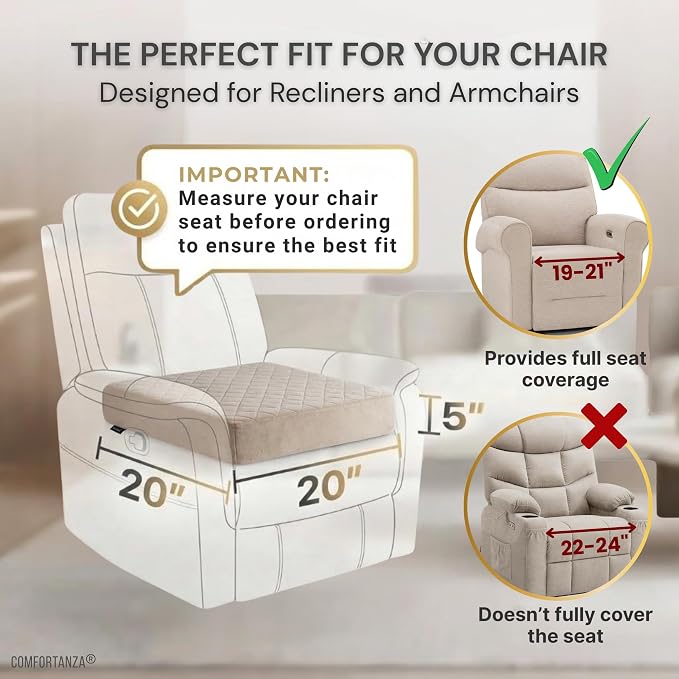 Soft 20x20x5 Memory Foam Recliner Chair Seat Cushion for Long Sitting - Armchair Pad with Washable Velvety Cover & Non-Slip Base for Seniors & Elderly - Beige