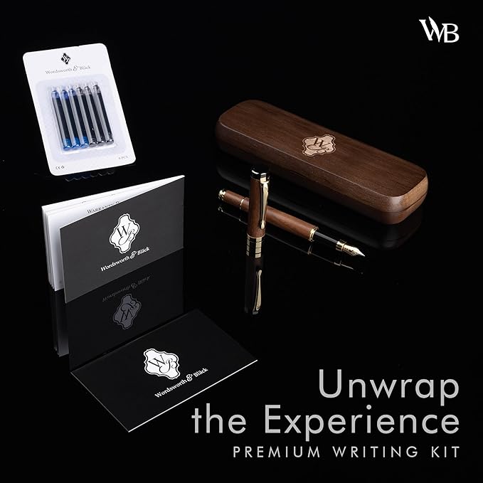 Wordsworth & Black Fountain Pen Set, Luxury Bamboo Wood - Extra Fine Nib, Gift Case; Includes 6 Ink Cartridges, Ink Refill Converter -Journaling, Calligraphy; Drawing, Smooth Writing [Brown Wood]