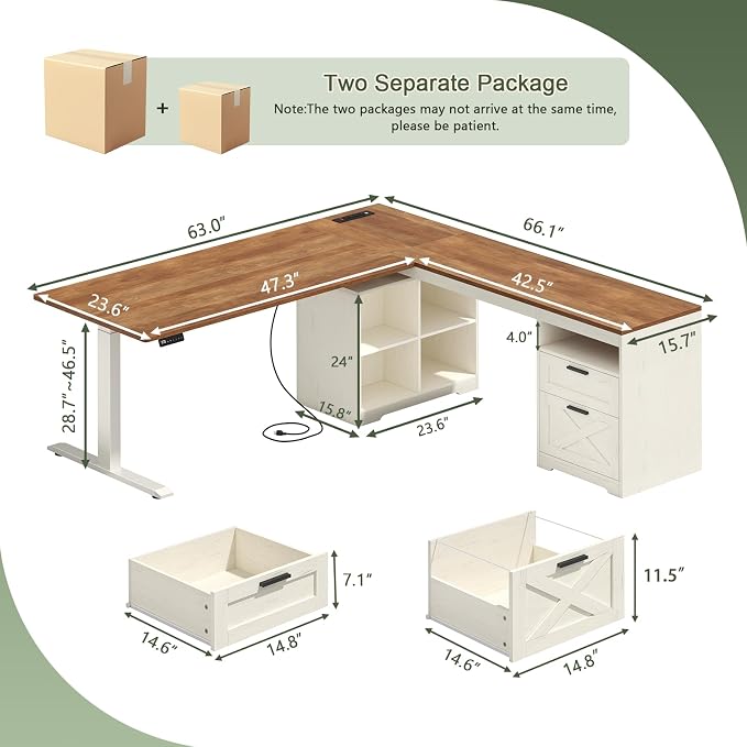 66 inch Farmhouse L Shaped Standing Desk with Storage for Home Office | Corner Electric Standing Desk with Drawers ＆ Storage Shelves, Height Adjustable Desk with Power Outlets, Antique White
