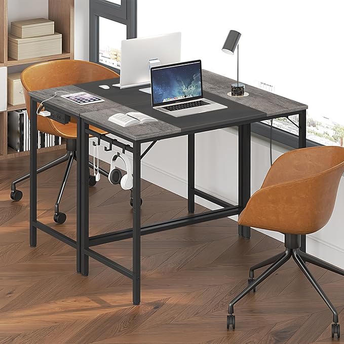 HOOBRO Computer Desk, Home Office Desk with Power Outlet, Modern Study Writing Desk with 3 Hooks for Study Room, Home Office, Sturdy and Stable, Easy to Assemble, Charcoal Gray and Black BC40UDN01