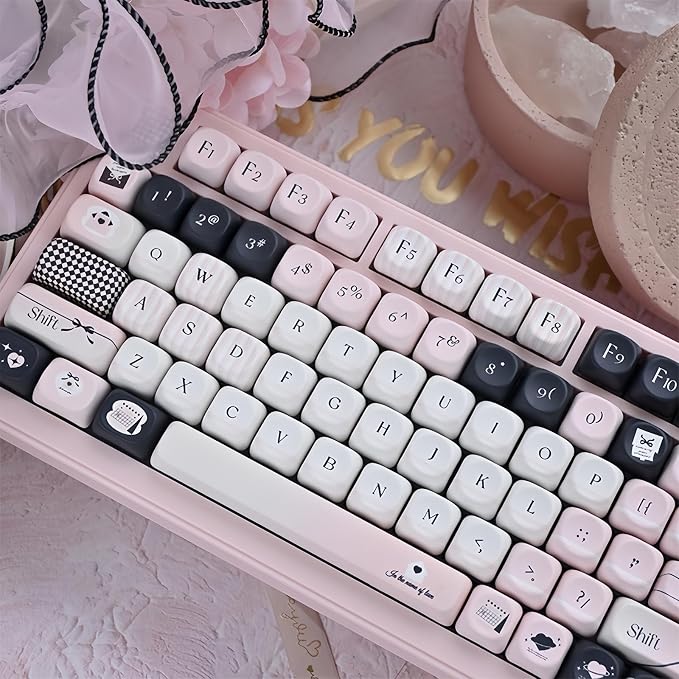 Pink and Black Keycaps,MOA Profile Cute Keycaps PBT Dye-Sub Kawaii Custom Full Size Keycap Set for Cherry MX Switch ANSI Layout 75% 60% Mechanical Gaming Keyboard DIY Creamy Key Cap (126Keys)