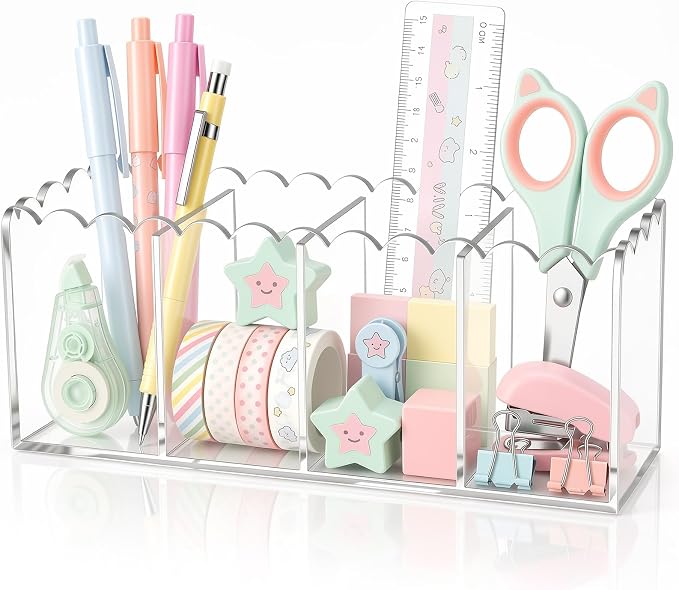 Scalloped Acrylic Pencil Holder for Desk, Clear Pen Organizer with 4 Compartments, Marker Makeup Brush Holder Remote Caddy for Home, Office, Bathroom, Classroom, Table
