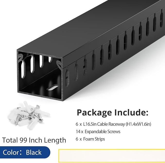 1.4"H x 1.6"W Cable Raceway, 99in Under Desk Wire Management Channel, Black | Slotted Wire Duct, 6Pack, 16.5in Each, Heavy-Duty PVC Cable Management for Server Racks, Network Cables & Electrical Cabinets