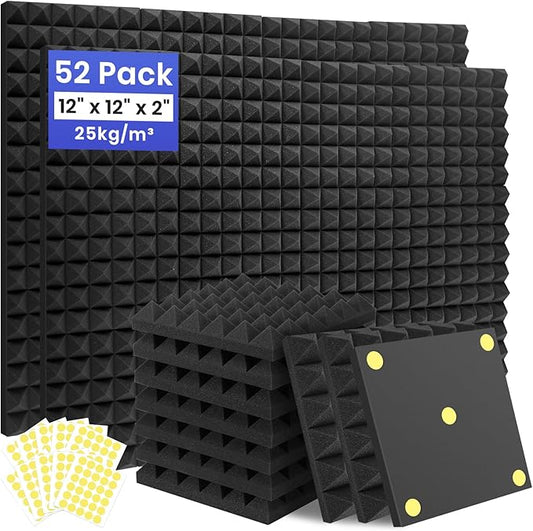 Focusound 52 Pack Sound Proof Foam Panels for Walls, 12" X 12" X 2" Pyramid Acoustic Foam Panels, High Density Noise Reduction Soundproof Panels for Studio Game Room with 300PCS Double-Side Adhesive