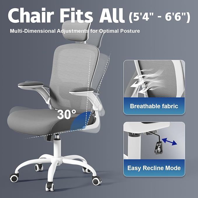 Ergonomic Chair for Office- Study Chair,300lb Gaming Chair, Mesh Comfortable High Back Chair, Headrest, Lumbar Support, Armrest, Comfy Seat for Man Woman(White-Grey6076)