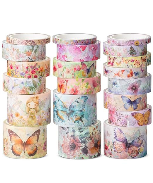 Mr. Pen- Washi Tape Set, 20 Rolls, Assorted Sizes, 4.37 Yards/Roll | Washi Tape for Scrapbook, Arts, Crafts, Journals and Planners, Watercolor Butterfly Design