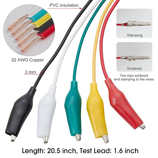 WGGE WG-026 10 Pieces and 5 Colors Test Lead Set & Alligator Clips,20.5 inches / 22 AWG Wire (5 Pack)